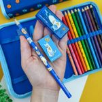 Kit Escolar Estojo Gato Azul  (Apontador, Borracha, 2 Canetas Esferográficas, 12 Lápis de Cor, Lápis Grafite e Régua) - Faber-Castell