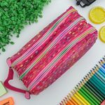Estojo Escolar Telado Triplo Rosa com Bolinha - Daterra