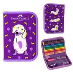 Kit Escolar Estojo Cachorro Roxo  (Apontador, Borracha, 2 Canetas Esferográficas, 12 Lápis de Cor, Lápis Grafite e Régua) - Faber-Castell