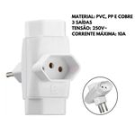 Benjamin Pino Adaptador Tripolar com 3 Saídas 10A  Bivolt Branco YP8115 - Yin's