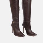 Bota Cano Longo Couro Premium Salto Alto Fino Marrom Cacau