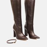 Bota Cano Longo Couro Premium Salto Bloco Alto Marrom Cacau