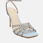 Sandália Couro Premium Salto Alto Fino Pedraria Crystal Azul Celeste