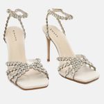 Sandália Couro Premium Salto Alto Fino Pedraria Crystal Branco