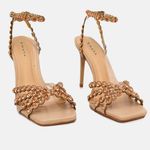 Sandália Couro Premium Salto Alto Fino Pedraria Crystal Nude