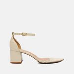 Sandália Couro Diamond Bico Folha Vinil Salto Bloco Baixo Off White