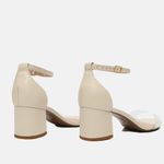 Sandália Couro Diamond Bico Folha Vinil Salto Bloco Baixo Off White
