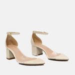 Sandália Couro Diamond Bico Folha Vinil Salto Bloco Baixo Off White
