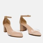Sandália Couro Diamond Bico Folha Vinil Salto Bloco Baixo Nude