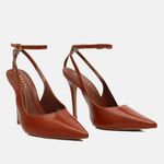 Scarpin SlingBack Couro Verniz Premium Salto Alto Fino Caramelo