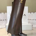 Bota Cano Longo Couro Premium Salto Alto Fino Marrom Cacau