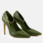 Scarpin Couro Salto Alto Fino Verde Militar
