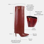 Bota Cano Longo Couro Premium Salto Médio Fino Vermelho Merlot