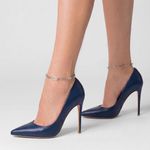 Scarpin Couro Salto Alto Fino Azul Night Sky