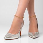 Scarpin Couro Metalizado Salto Alto Fino Prata