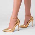 Scarpin Couro Metalizado Salto Alto Fino Gold