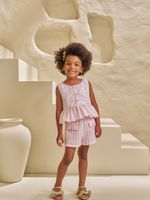Bata bordado e shorts listrado
