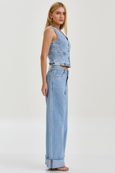 Calça Super Wide Isis Listras Denim