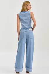 Calça Super Wide Isis Listras Denim
