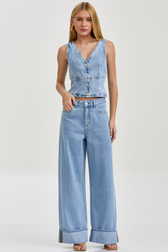 Calça Super Wide Isis Listras Denim