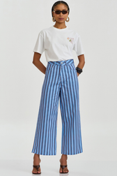 Calça Cropped Wide Inez Listras Blue