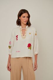 BLUSA SAFIRA CAMBRAIA DE LINHO BORDADA