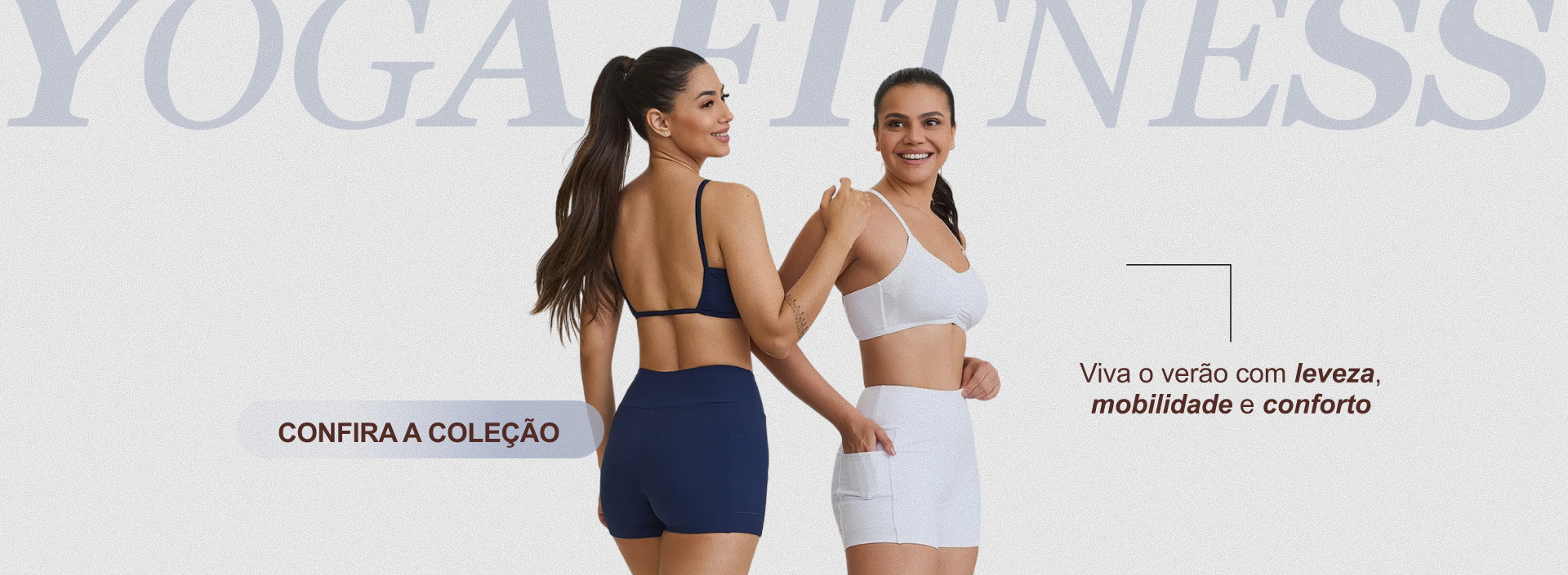 Coleção fitness Yoga com modelos vestindo conjuntos azul e branco