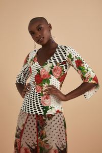Blusa Decote Transpassado Malha Rosas Vintage