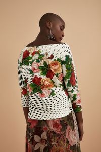 Blusa Malha Manga 3/4 Rosas Vintage