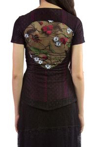 Blusa renda preta forro rosa e tule bordado