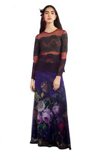Saia Longa Estampa Rosas Fundo Roxo