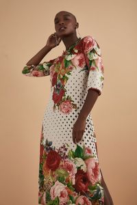 Vestido Longo Viscose Rosas Antiga