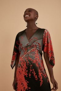 Vestido Manga Cigana Floresta Vermelha Listras