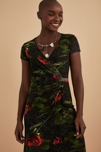 Vestido Viscolycra Rosas Galáxia Decote Transpassado