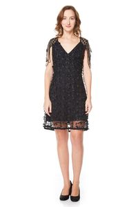 Vestido Tule Preto Pétalas Aplic Ombros
