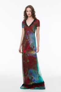 Vestido Longo Tule Pavão Decote V