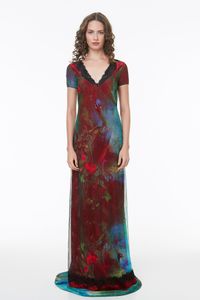Vestido Longo Tule Pavão Decote V