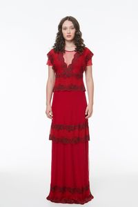 Vestido Longo Tule Vermelho c/Detalhes Renda