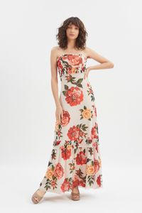 Vestido longo tule estampado Rosa Chitão