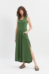 Vestido Malha Canelada C/Colar Verde