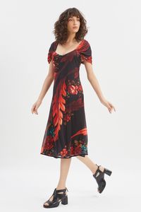 Vestido tule manga franzida floral diagonal