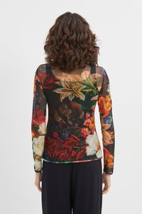 Blusa tule segunda pele manga longa flores coloridas