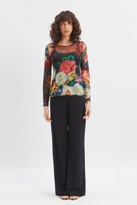 Blusa tule segunda pele manga longa flores coloridas