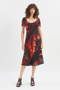 Vestido tule manga franzida floral diagonal