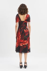 Vestido tule manga franzida floral diagonal