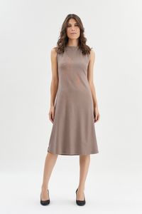 Vestido frizzo decote e botão ombro