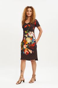 Vestido Meia Malha Decote V C/Bolso Floral poá laranja