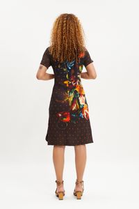 Vestido Meia Malha Decote V C/Bolso Floral poá laranja