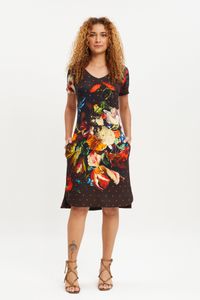 Vestido Meia Malha Decote V C/Bolso Floral poá laranja