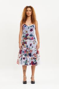 Vestido regata saia franzida buquet floral amarelo